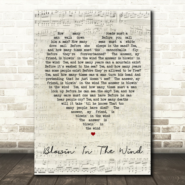 Blowin' In The Wind Bob Dylan Script Heart Quote Song Lyric Print