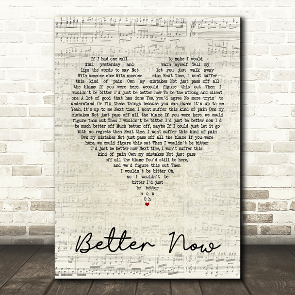 Rascal Flatts Better Now Script Heart Song Lyric Quote Print