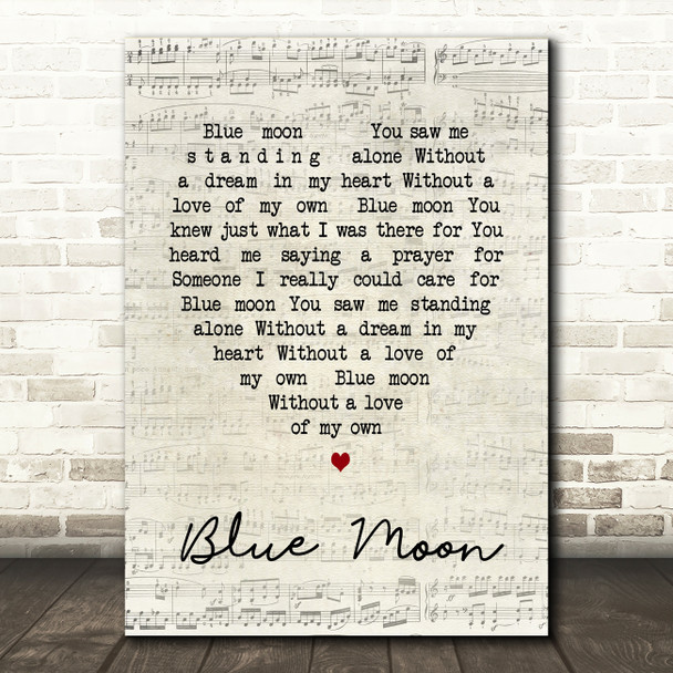 Elvis Presley Blue Moon Script Heart Song Lyric Quote Print