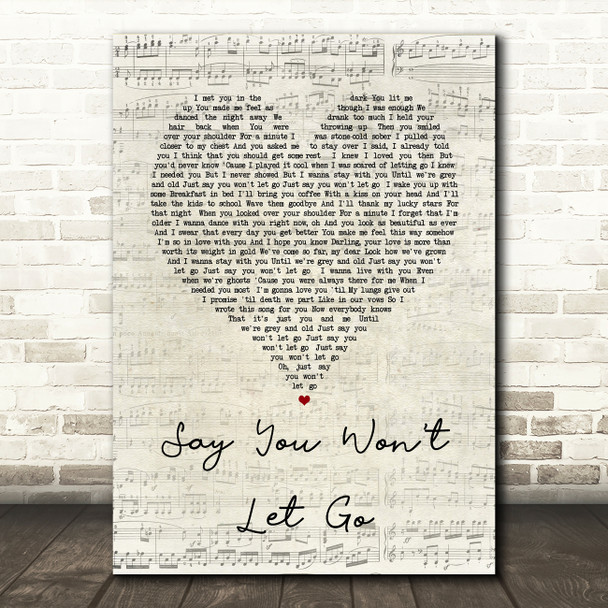 James Arthur Say You Won't Let Go Script Heart Song Lyric Quote Print