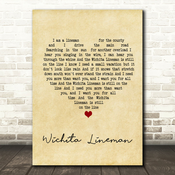 Glen Campbell Wichita Lineman Vintage Heart Quote Song Lyric Print