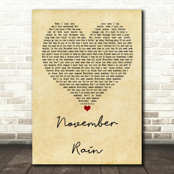 Guns N' Roses November Rain Vintage Heart Quote Song Lyric Print