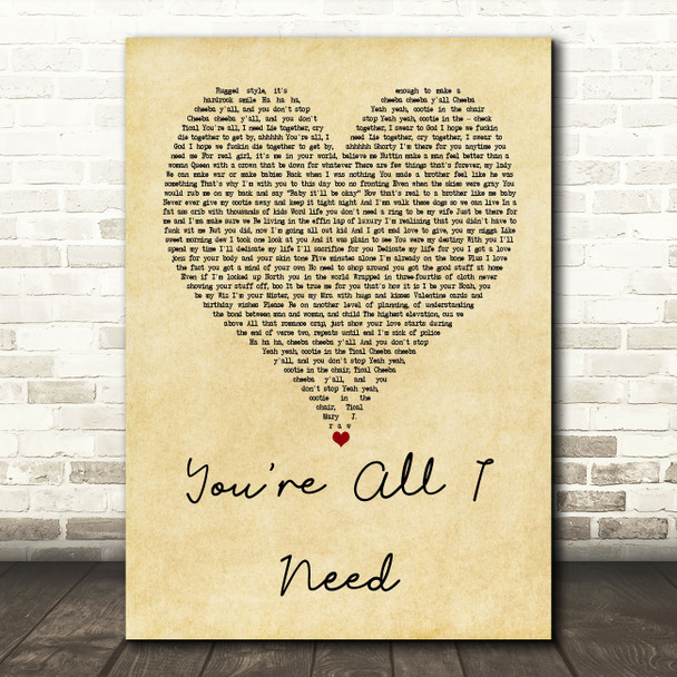 Method Man You're All I Need Vintage Heart Quote Song Lyric Print