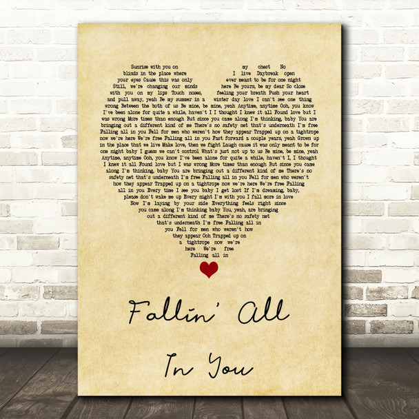 Shawn Mendes Fallin' All In You Vintage Heart Quote Song Lyric Print