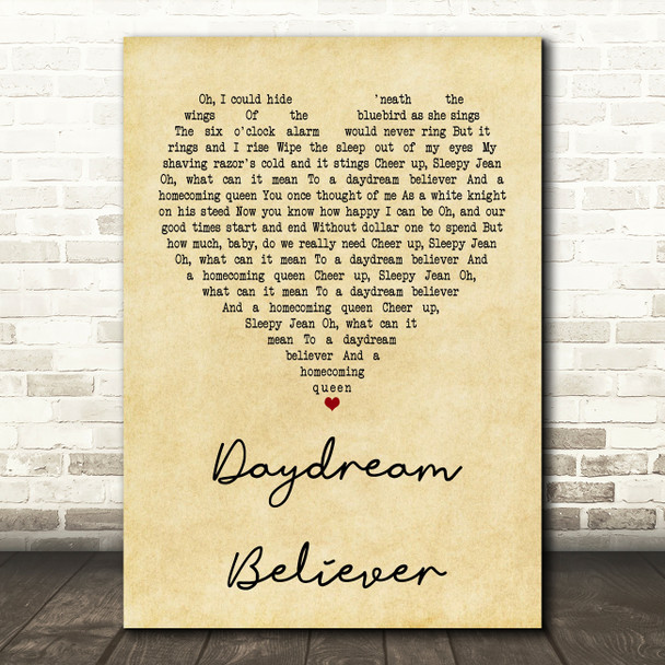 The Monkees Daydream Believer Vintage Heart Quote Song Lyric Print