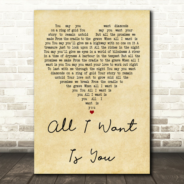 U2 All I Want Is You Vintage Heart Quote Song Lyric Print