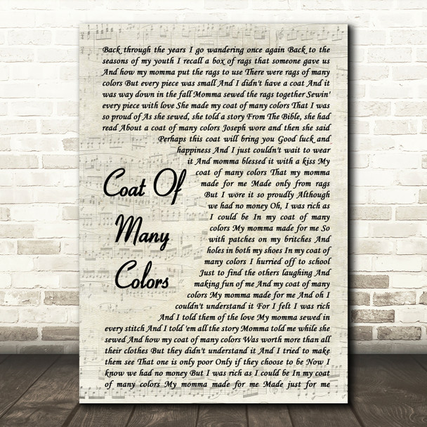 Dolly Parton Coat Of Many Colors Song Lyric Vintage Script Quote Print