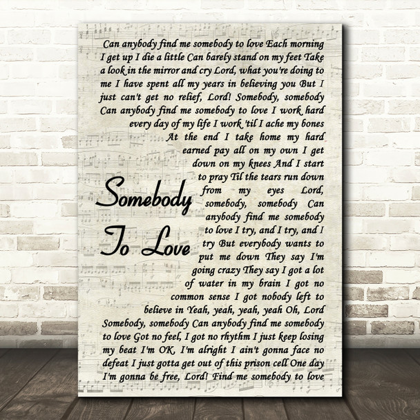 Queen Somebody To Love Song Lyric Vintage Script Quote Print