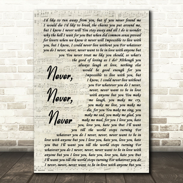 Shirley Bassey Never, Never, Never Song Lyric Vintage Script Quote Print