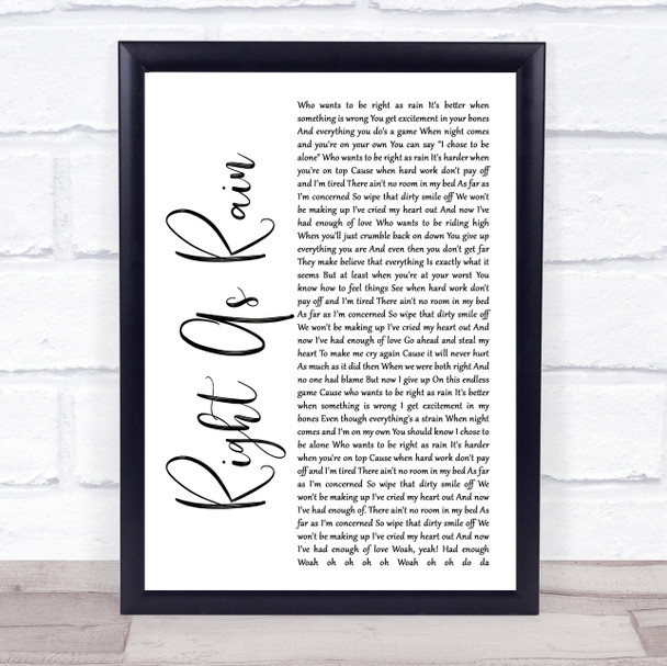 Adele Right As Rain White Script Song Lyric Quote Print