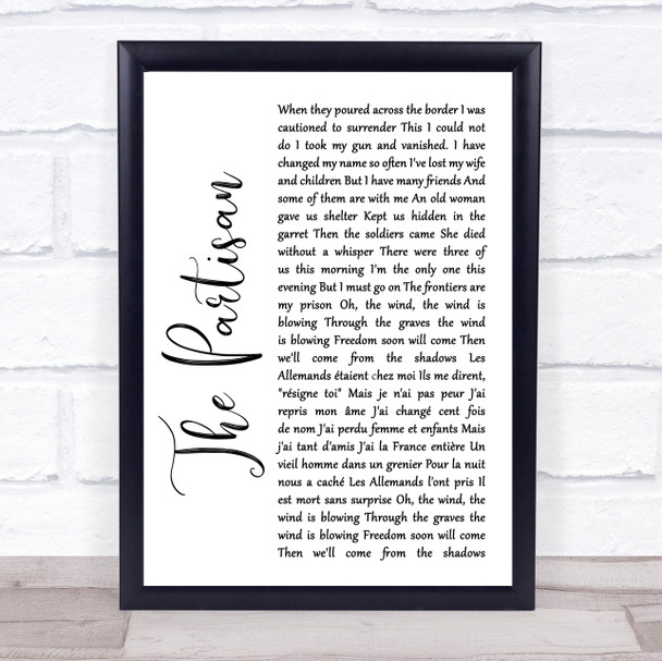 Leonard Cohen The Partisan White Script Song Lyric Quote Print