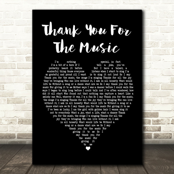 ABBA Thank You For The Music Black Heart Song Lyric Framed Print