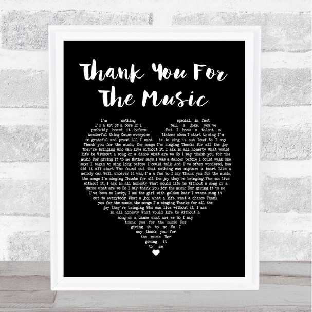 ABBA Thank You For The Music Black Heart Song Lyric Framed Print
