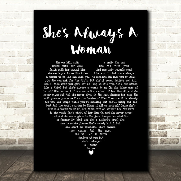 Billy Joel She's Always A Woman Black Heart Song Lyric Framed Print