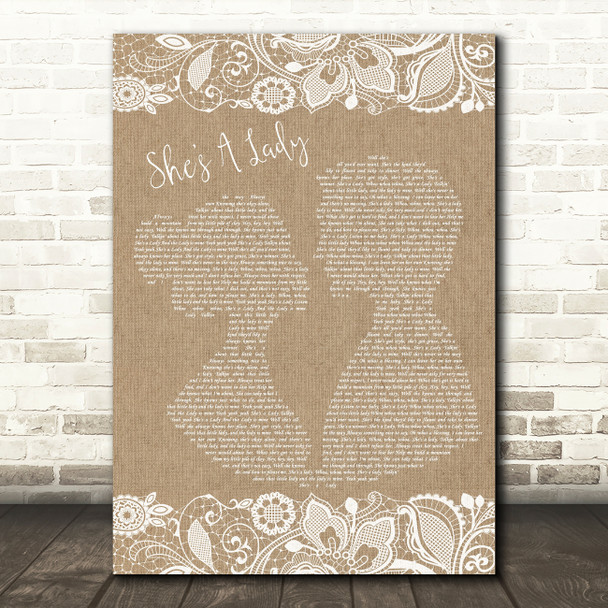 Tom Jones She's A Lady Burlap & Lace Song Lyric Quote Print