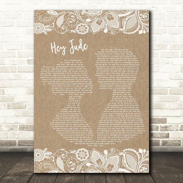 The Beatles Hey Jude Burlap & Lace Song Lyric Quote Print