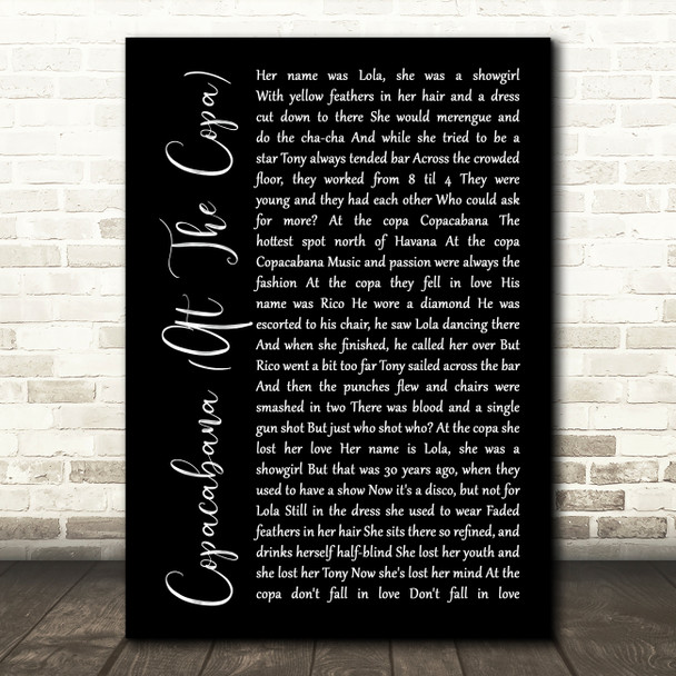 Barry Manilow Copacabana (At The Copa) Black Script Song Lyric Framed Print