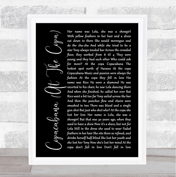Barry Manilow Copacabana (At The Copa) Black Script Song Lyric Framed Print