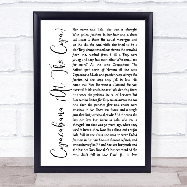 Barry Manilow Copacabana (At The Copa) White Script Song Lyric Framed Print