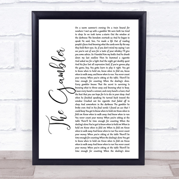 Kenny Rogers The Gambler White Script Song Lyric Framed Print