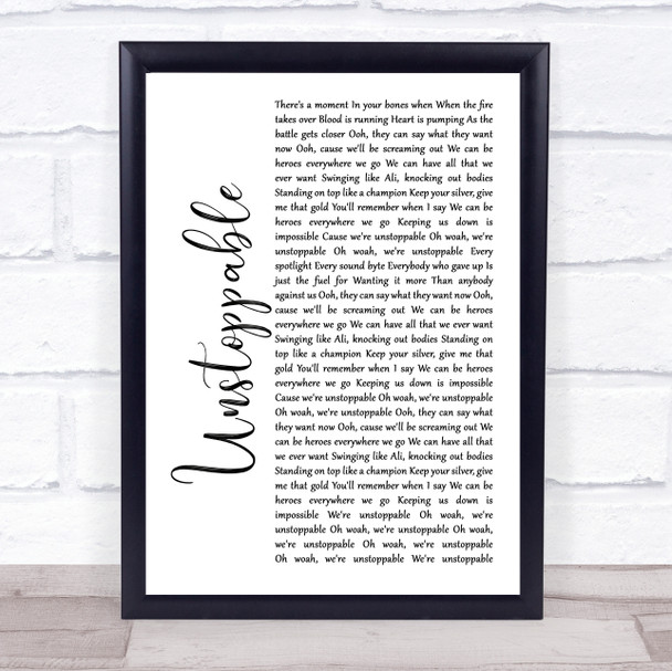 The Score Unstoppable White Script Song Lyric Framed Print