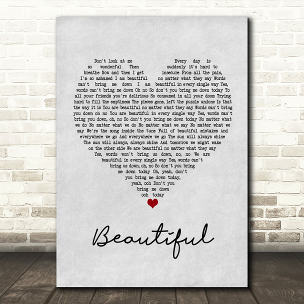 Christina Aguilera Beautiful Grey Heart Song Lyric Framed Print