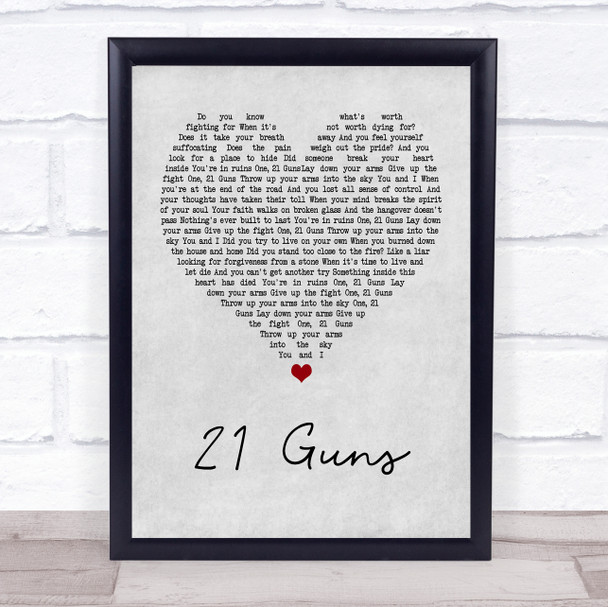 Green Day 21 Guns Grey Heart Song Lyric Framed Print