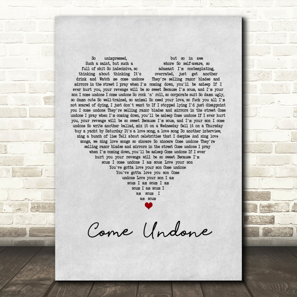 Robbie Williams Come Undone Grey Heart Song Lyric Framed Print