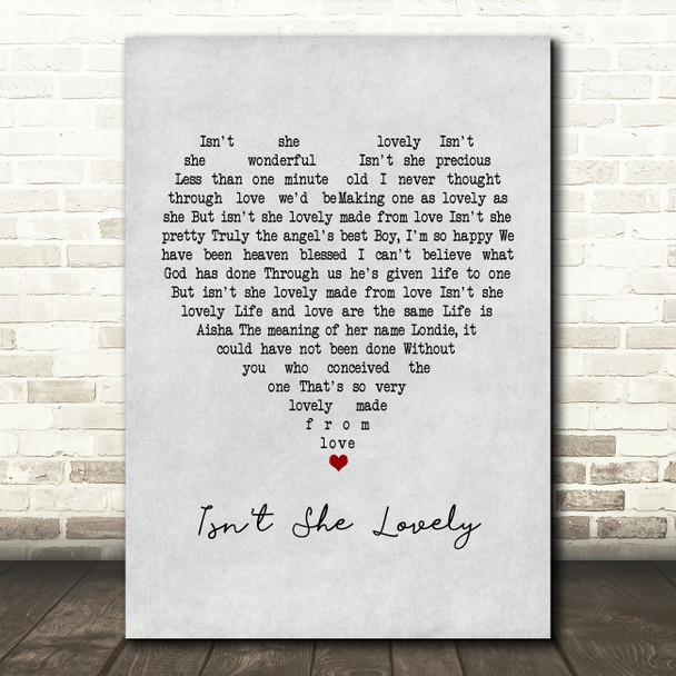 Stevie Wonder Isn't She Lovely Grey Heart Song Lyric Framed Print