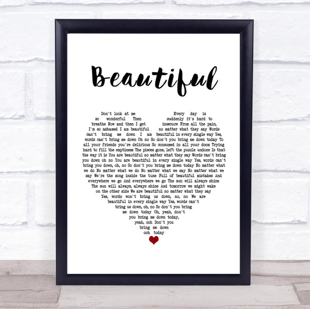 Christina Aguilera Beautiful White Heart Song Lyric Framed Print