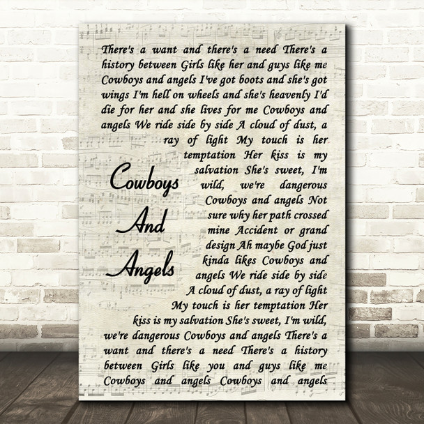 Dustin Lynch Cowboys And Angels Vintage Script Song Lyric Framed Print