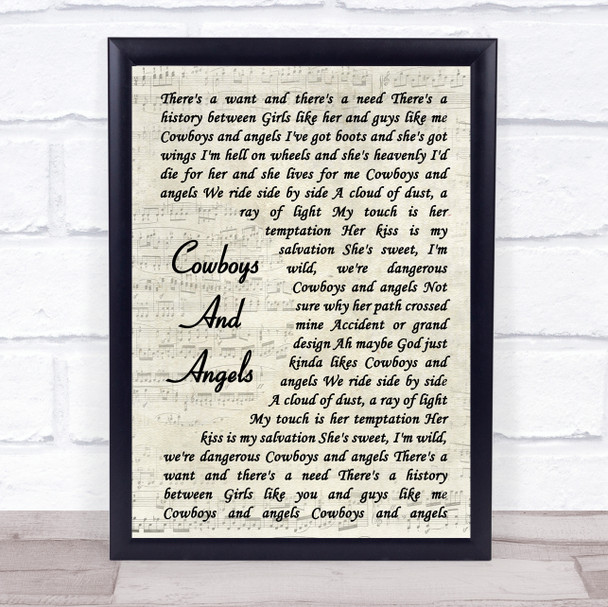 Dustin Lynch Cowboys And Angels Vintage Script Song Lyric Framed Print