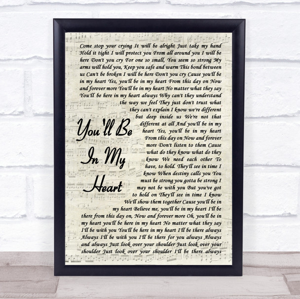 Phil Collins You'll Be In My Heart Vintage Script Song Lyric Framed Print