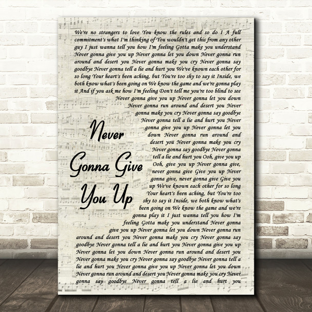 Rick Astley Never Gonna Give You Up Vintage Script Song Lyric Framed Print