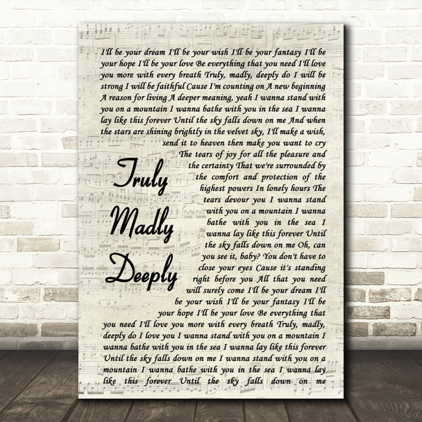 Savage Garden Truly Madly Deeply Vintage Script Song Lyric Framed Print