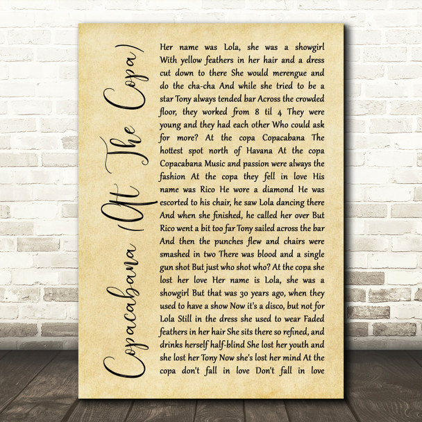 Barry Manilow Copacabana (At The Copa) Rustic Script Song Lyric Framed Print
