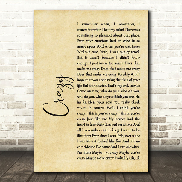 Gnarls Barkley Crazy Rustic Script Song Lyric Framed Print