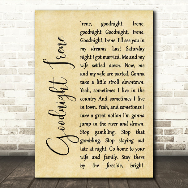 The Weavers Goodnight Irene Rustic Script Song Lyric Framed Print