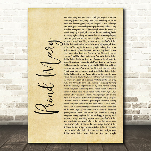 Tina Turner Proud Mary Rustic Script Song Lyric Framed Print