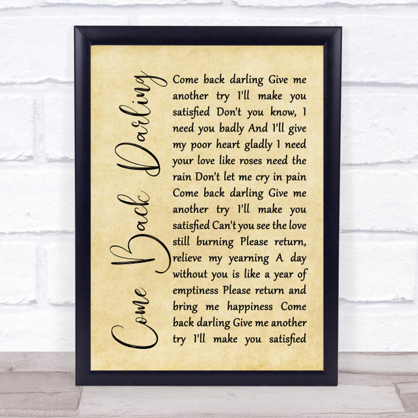 UB40 Come Back Darling Rustic Script Song Lyric Framed Print