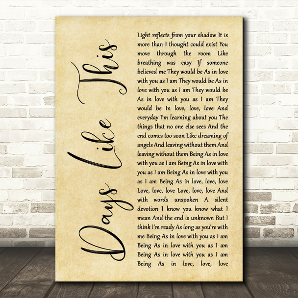 Van Morrison Days Like This Rustic Script Song Lyric Framed Print