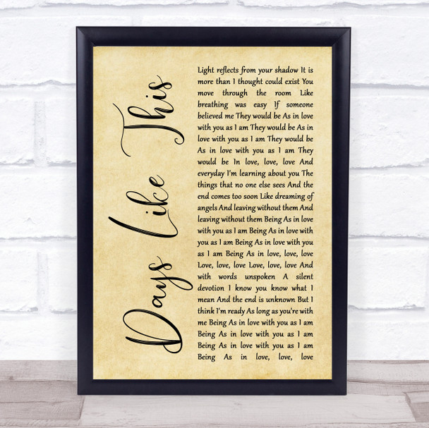 Van Morrison Days Like This Rustic Script Song Lyric Framed Print