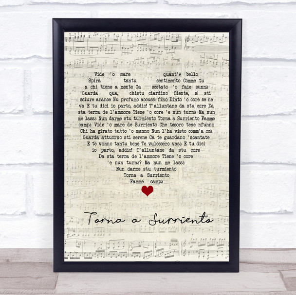 Luciano Pavarotti Torna a Surriento Script Heart Song Lyric Framed Print