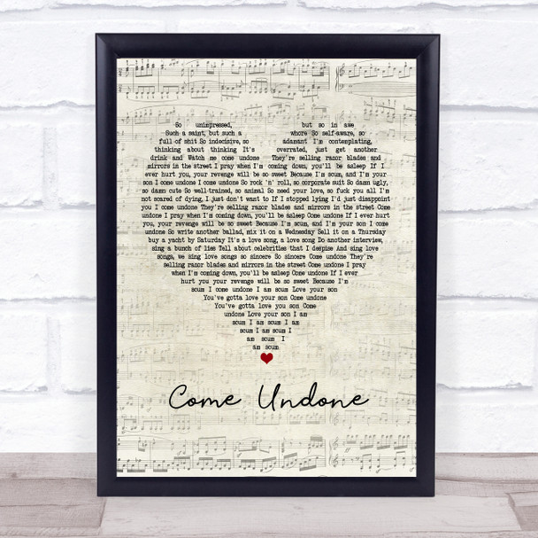 Robbie Williams Come Undone Script Heart Song Lyric Framed Print