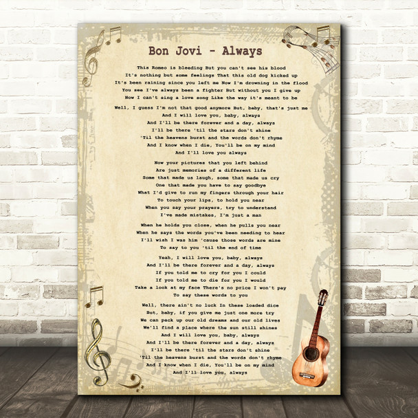 Bon Jovi Always Vintage Guitar Song Lyric Framed Print