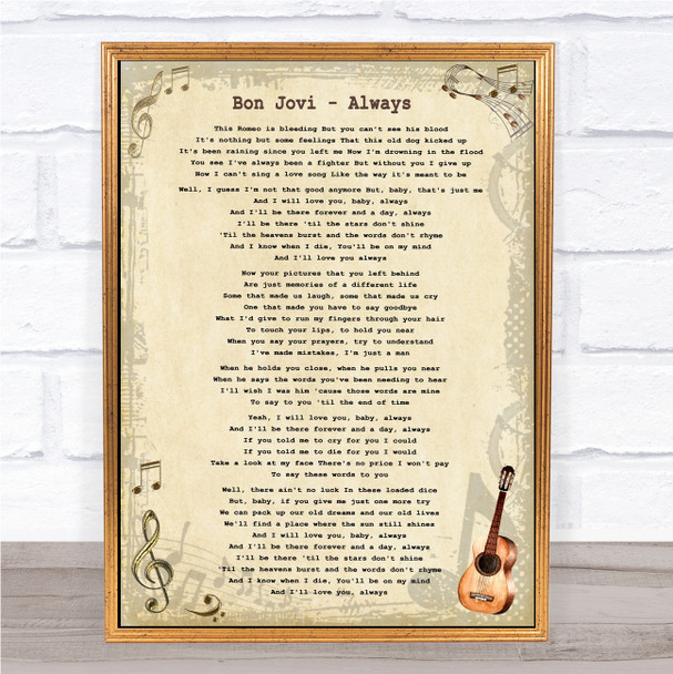 Bon Jovi Always Vintage Guitar Song Lyric Framed Print