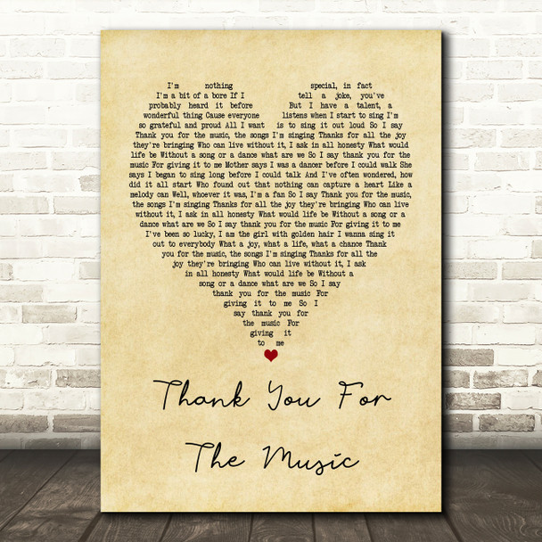 ABBA Thank You For The Music Vintage Heart Song Lyric Framed Print