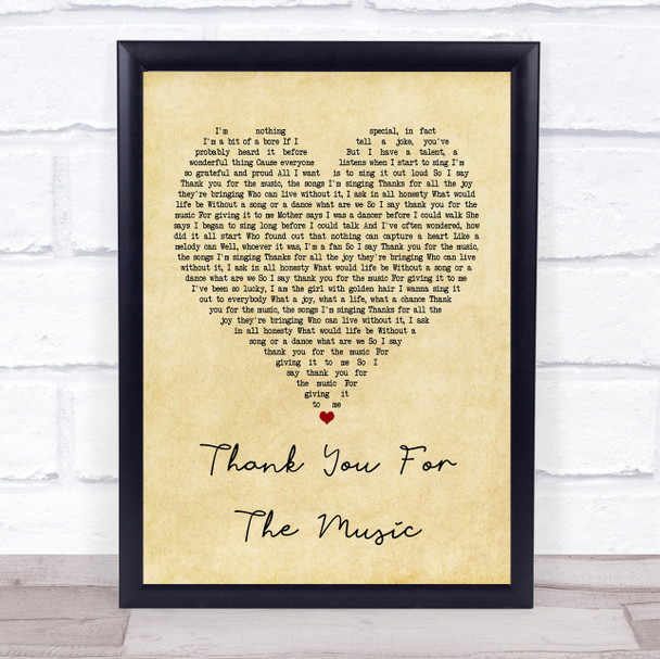 ABBA Thank You For The Music Vintage Heart Song Lyric Framed Print