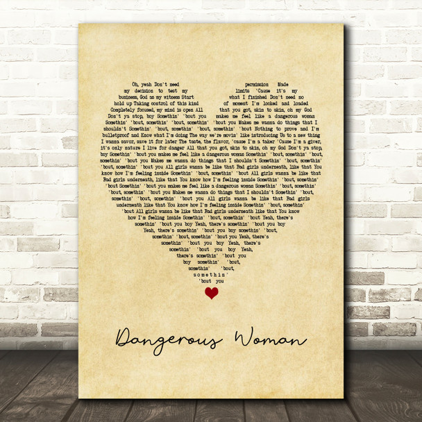 Ariana Grande Dangerous Woman Vintage Heart Song Lyric Framed Print