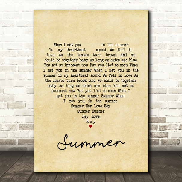 Calvin Harris Summer Vintage Heart Song Lyric Framed Print